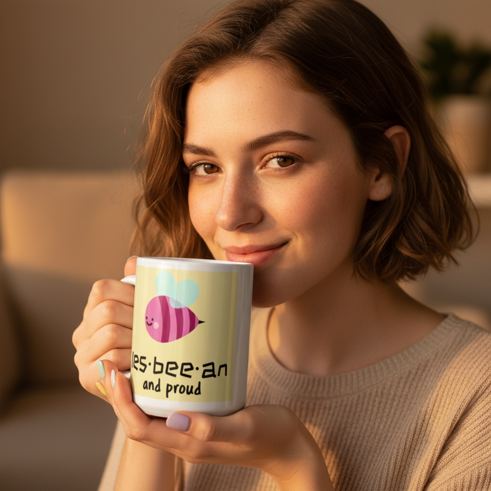 Person holds a mug reading “Les-bee-an and proud,” with a pink bee graphic
