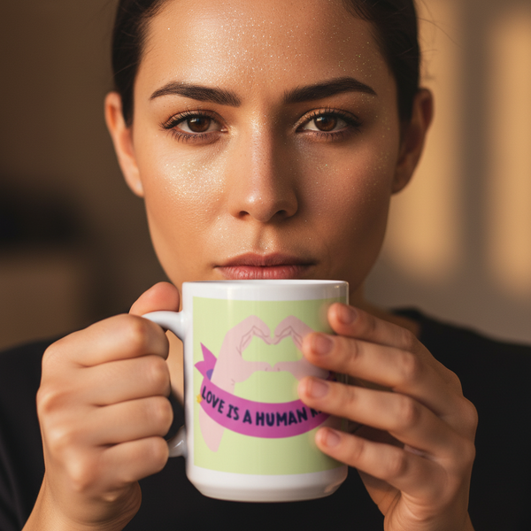 Young woman holds a Love Is A Human Right mug with a heart-hand design, reflecting pride and self-expression. The mug is ceramic, microwave and dishwasher safe, embodying Queer In The World's empowering spirit.