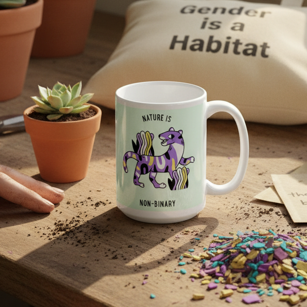 Nature Is Non-Binary Mug featuring a vibrant purple-and-gold striped big cat design, surrounded by a gardening scene with potting soil, a succulent, and a trowel, embodying queer pride and self-expression.