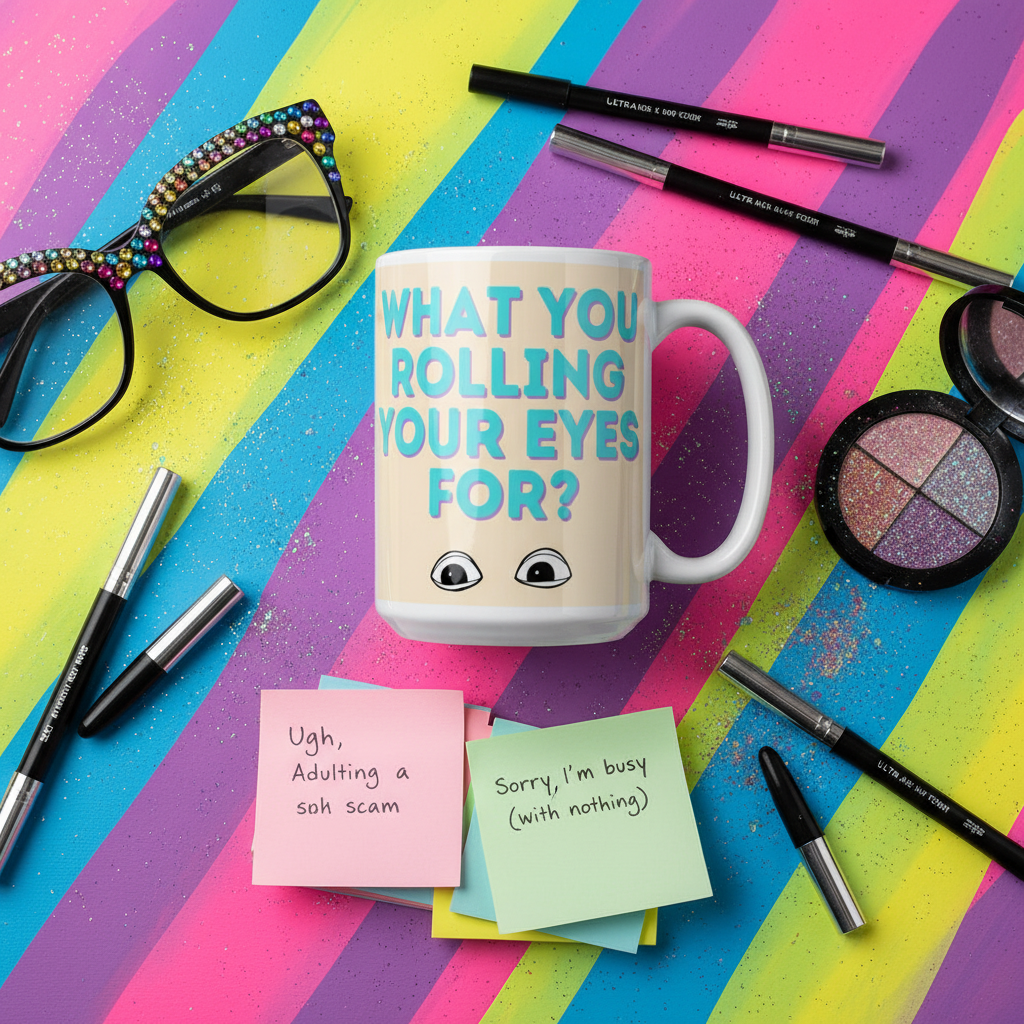 Queer In The World What You Rolling Your Eyes For? Mug on a glittery rainbow background, surrounded by cat-eye glasses, makeup, and cheeky notes, embodies vibrant, playful queer pride and self-expression.