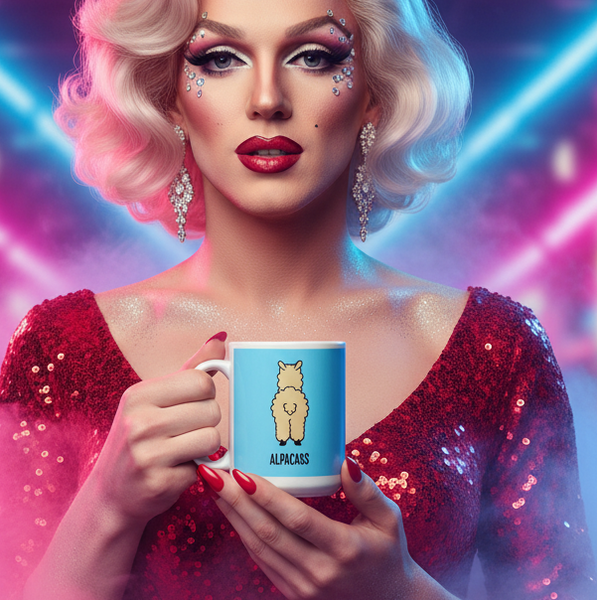 Drag-inspired model holding a blue mug with an alpaca illustration and “ALPACASS” text