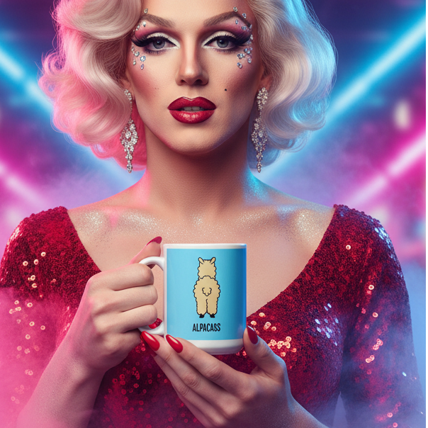 Glamorous drag performer holds a vibrant Kiss My Alpacass mug, showcasing a playful alpaca design. The scene exudes bold, queer glamour with a sparkly red dress, dramatic makeup, and empowering prideful spirit.