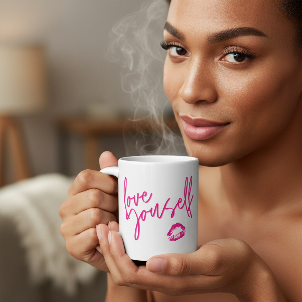 Person holds a steaming white mug reading “love yourself” with a pink lip-print graphic.