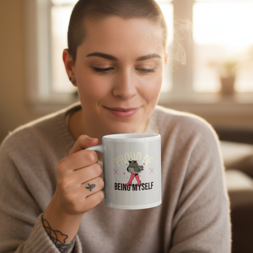 Person holding a steaming white mug reading “PROUD OF BEING MYSELF” with a bird illustration