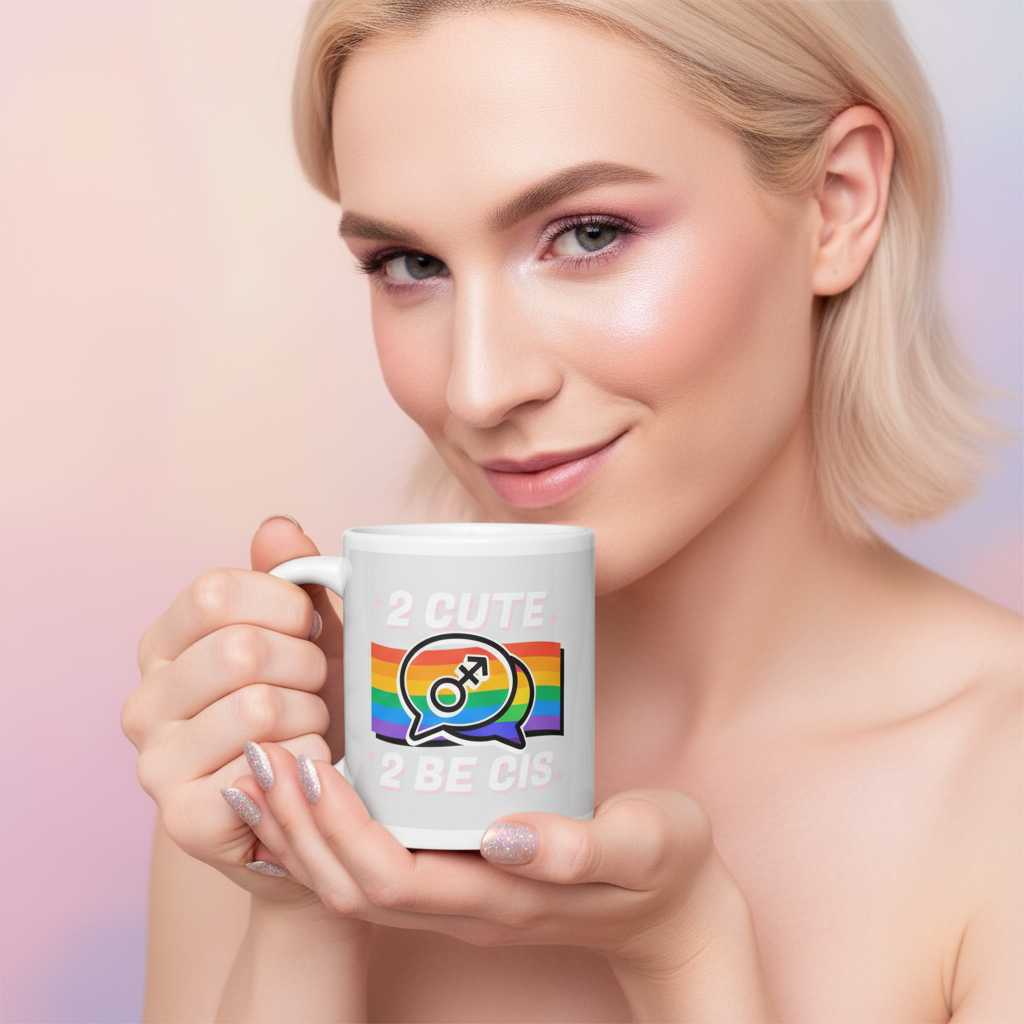 A fair-skinned, blonde person holds a white ceramic 2 Cute 2 Be Cis Mug, featuring a rainbow-flag graphic and male/trans symbol, celebrating queer pride and self-expression with joy and visibility.