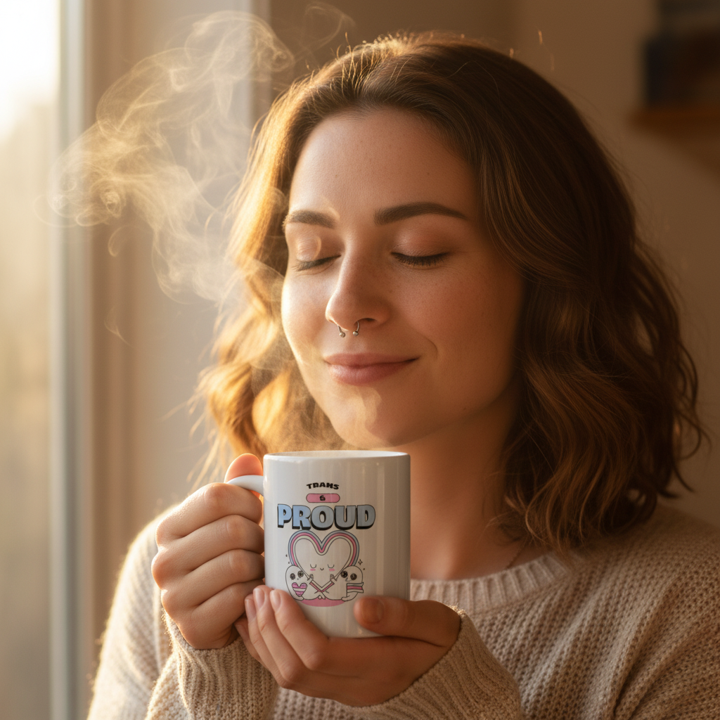 Person holds a steaming white mug labeled “TRANS PROUD” with a heart illustration