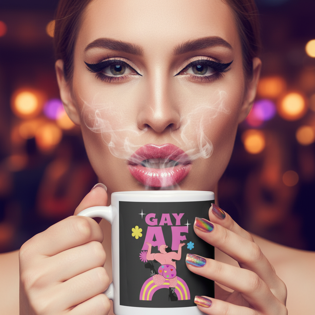 Person holds a steaming Gay AF Mug, featuring a colorful graphic with a cartoon character and rainbow motif. Glossy pink lips and rainbow nails add flair, embodying queer pride and self-expression.