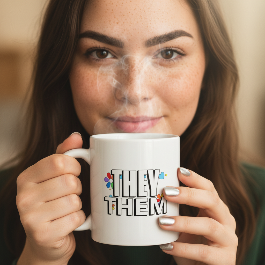 Person holds a white “THEY THEM” mug with colorful accents and steam rising