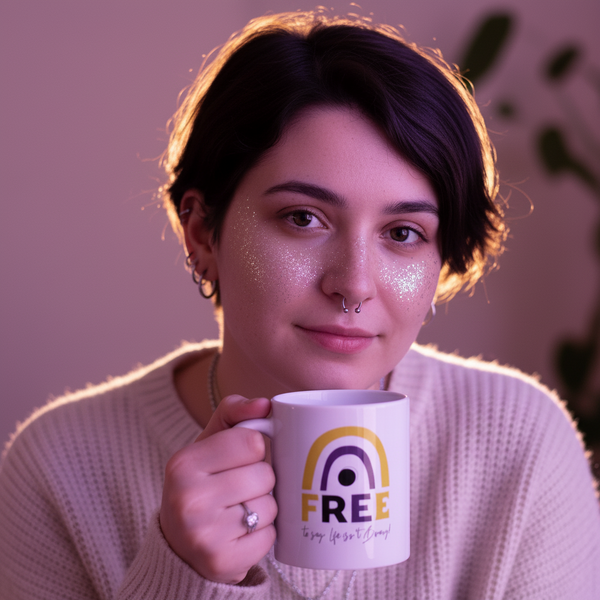 A young person with glittery cheeks holds a Free To Say: Life Isn't Binary! Mug, featuring a rainbow graphic, embodying queer pride and self-expression with warmth and style.
