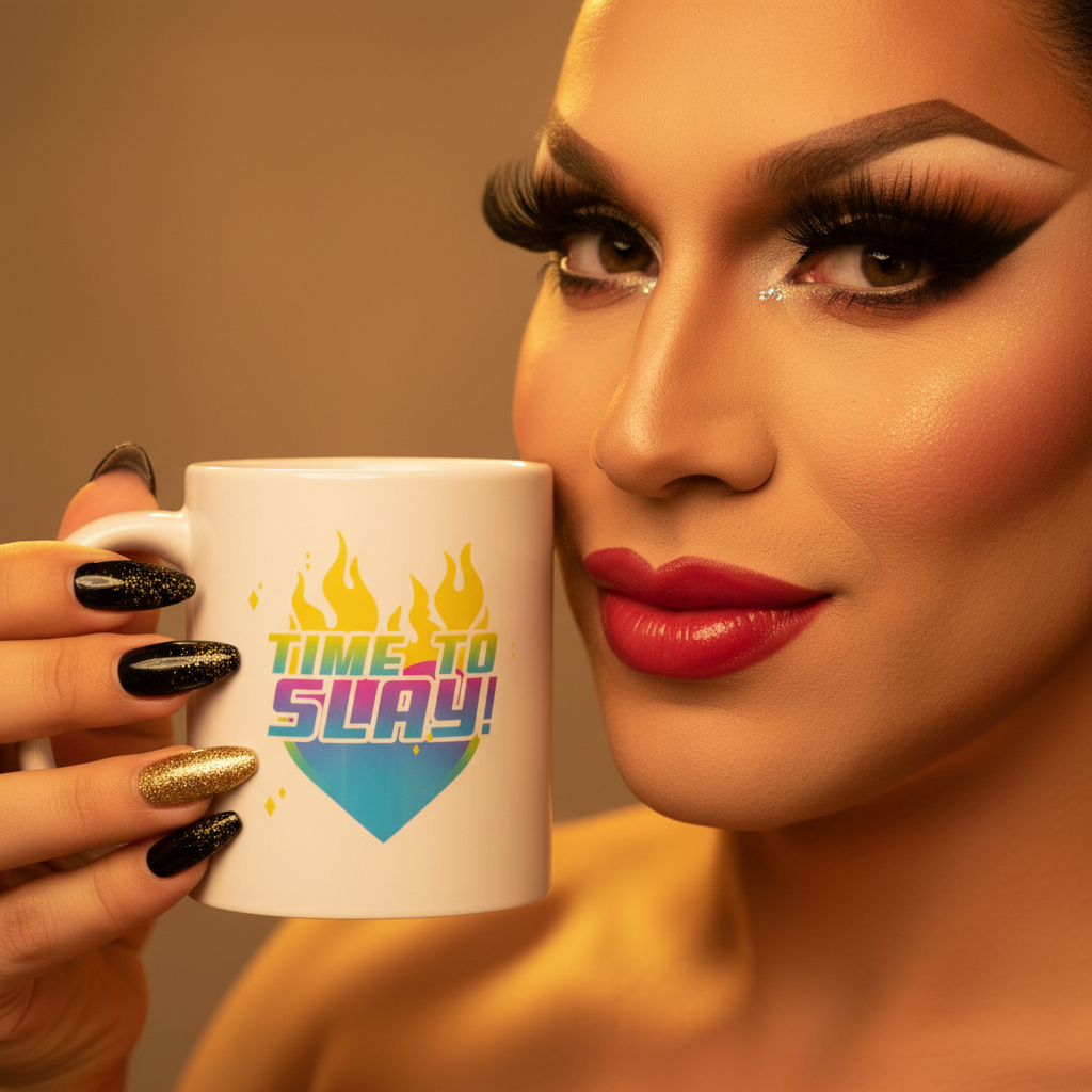 Drag performer holds Time To Slay! Mug, featuring a heart with flaming rainbow text, accentuating fierce makeup and dazzling nails. Celebrating queer pride and empowerment with every sip.