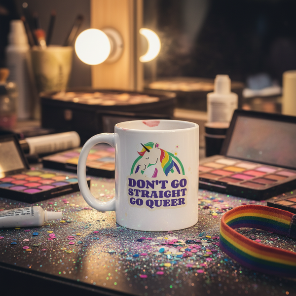 White mug with a rainbow unicorn and “DON’T GO STRAIGHT GO QUEER” text on a makeup table