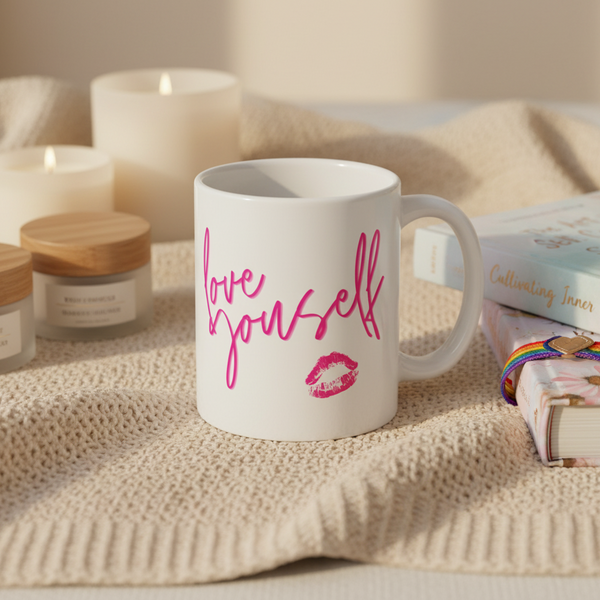 White Love Yourself! Mug with pink text and kiss graphic, surrounded by lit candles and books, on a beige knitted blanket. A warm, self-care scene celebrating queer pride and empowerment.