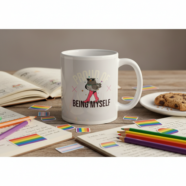 White mug reading “PROUD OF BEING MYSELF,” with an owl in pink boots, among pride stationery and a cookie