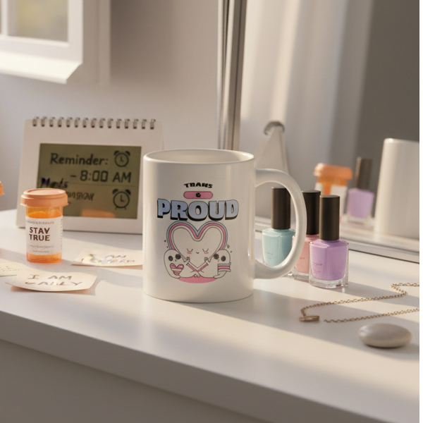 White mug reading “TRANS PROUD” with two heart characters on a sunlit vanity