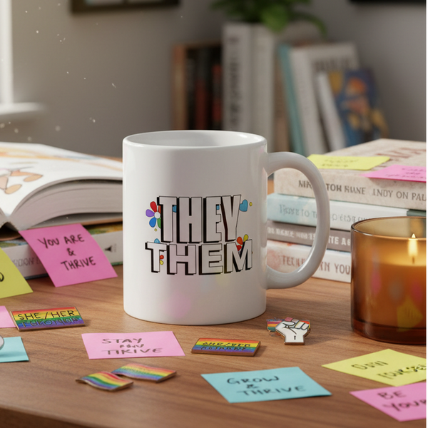 White ceramic mug reading “THEY / THEM” on a desk with pride-themed notes and pins