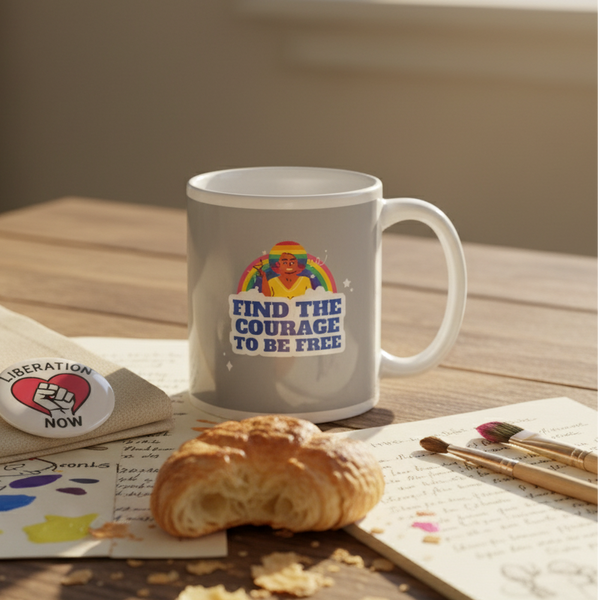 Pale-gray Find The Courage To Be Free Mug with rainbow illustration, exuding empowerment. Surrounded by a flaky croissant, open journal, paintbrushes, and LIBERATION NOW pin, capturing a creative, inclusive vibe.