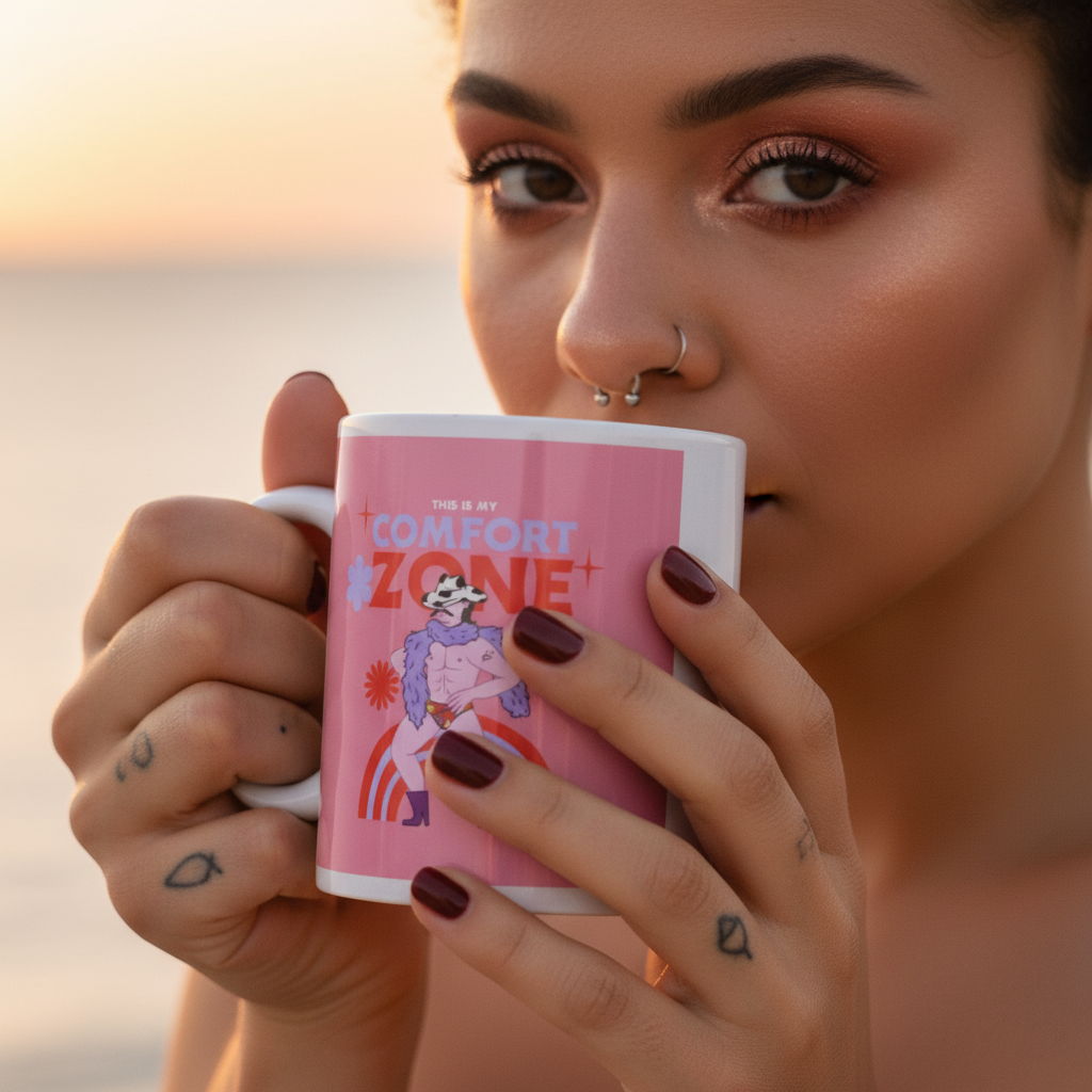 Person holds a pink “This Is My Comfort Zone” mug close to their face