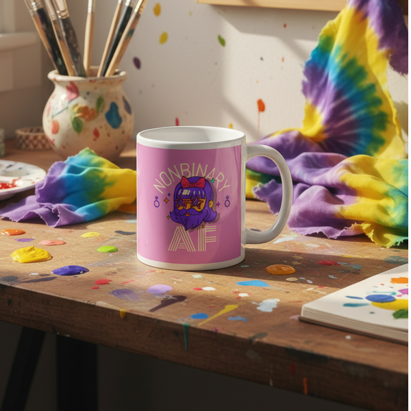 Nonbinary AF Mug features a vibrant cartoon character with purple hair and sunglasses on a pink background. Positioned on a creative, paint-splattered workspace, it embodies bold, joyful queer pride and self-expression.