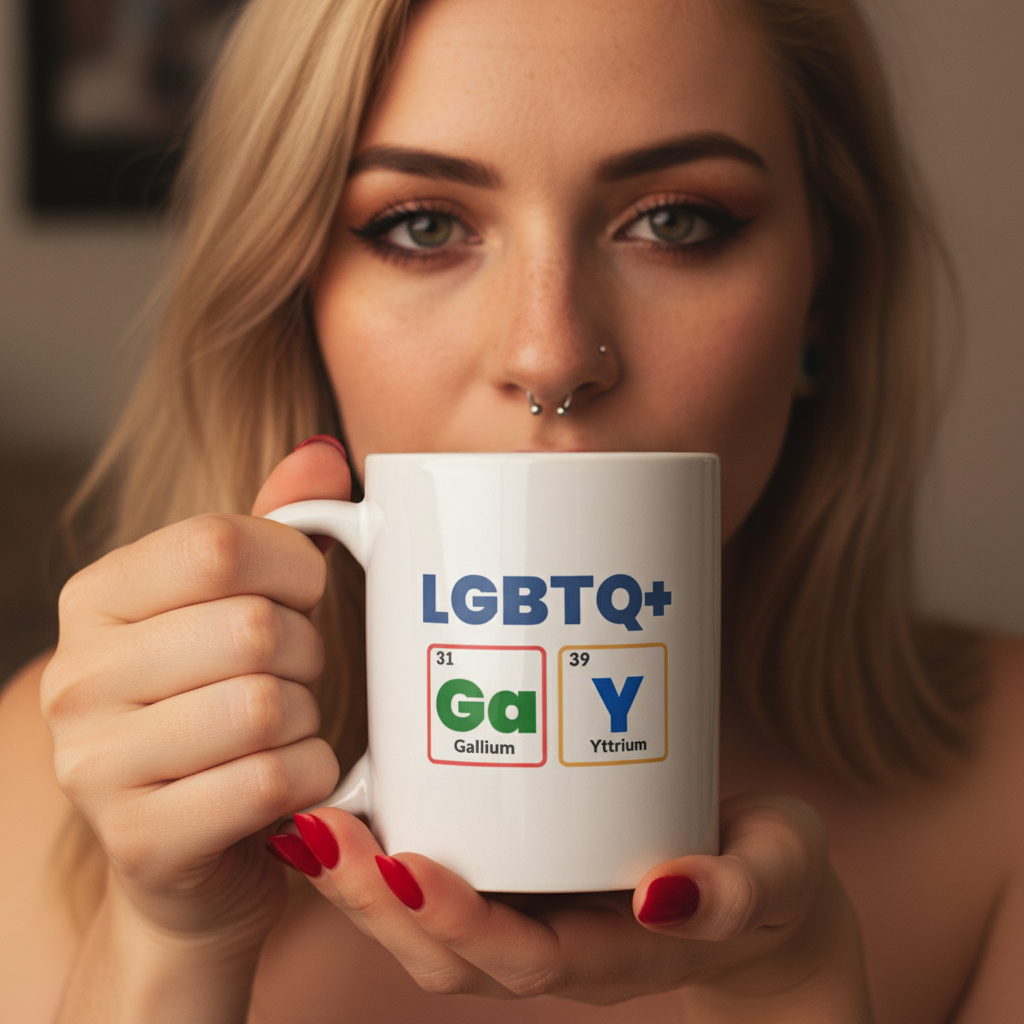Person with light hair and septum piercing holds a white LGBTQ+ GaY Mug, featuring periodic-table elements Ga and Y. Red-painted nails enhance the mug's bold, prideful, and empowering queer design.