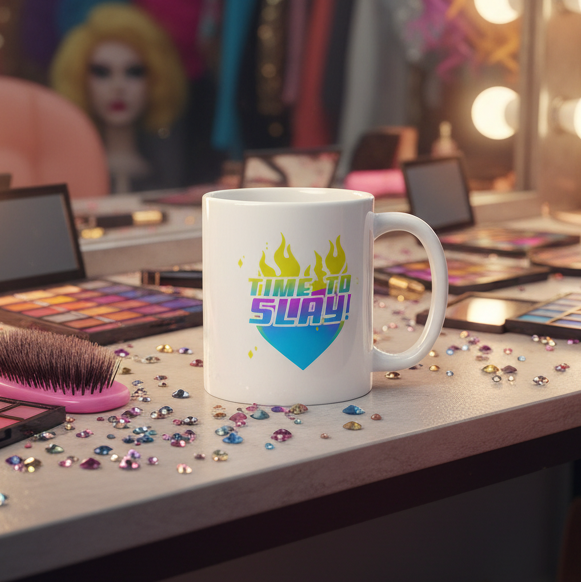 White ceramic 'Time To Slay!' mug with yellow-green flames, surrounded by vibrant eyeshadow palettes, rhinestones, and a pink-handled brush, embodying bold self-expression and queer pride in a glamorous vanity setup.