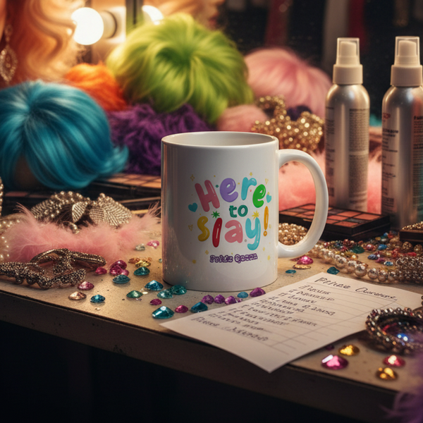 Here To Slay! Pride Queen Mug amidst a vibrant drag dressing-room scene, surrounded by colorful wigs, rhinestones, and makeup, celebrating LGBTQIA+ pride and self-expression with bold, playful energy.