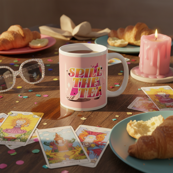 Spill The Tea Mug amidst a vibrant tea party scene with tarot cards, glitter confetti, and croissants; embodies queer pride and inclusivity from Queer In The World, celebrating bold self-expression.