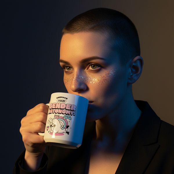A person with a buzz-cut hairstyle sips from the Embrace Your Gender Autonomy! mug, featuring pastel lettering and a rainbow-themed character, embodying queer pride and empowerment.