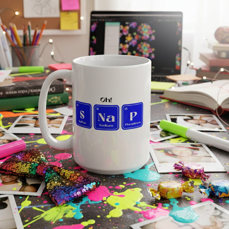 White mug with blue S Na P periodic-table pun, photographed on a colorful desk