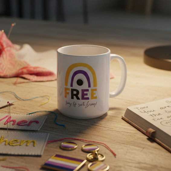 White ceramic mug with a yellow, purple, and black stylized rainbow and FREE text, surrounded by sewing supplies, embodies pride and self-expression. Celebrate identity with Queer In The World's bold, inclusive design.
