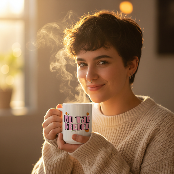 A young person with a septum ring smiles warmly, holding a No Tag Needed mug, embodying queer pride in a cozy, cream knit sweater. The mug celebrates visibility and self-expression from Queer In The World.