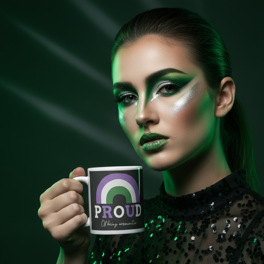 Young person with striking green-silver makeup holds a Proud Of Being Aromantic mug featuring a green-grey-purple rainbow and bold lettering, embodying Queer In The World's vibrant, inclusive spirit.