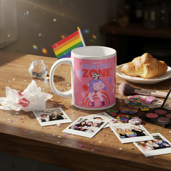 White ceramic This Is My Comfort Zone mug features a drag-inspired figure, rainbow-pride flag, and rainbow confetti, celebrating queer pride and self-expression with joyful, inclusive energy.