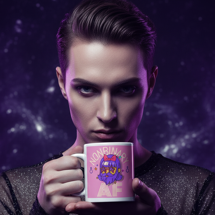Person with slicked-back hair showcases the Nonbinary AF Mug, featuring a cute character and prideful message, against a moody backdrop—celebrating queer identity and empowerment with every sip.