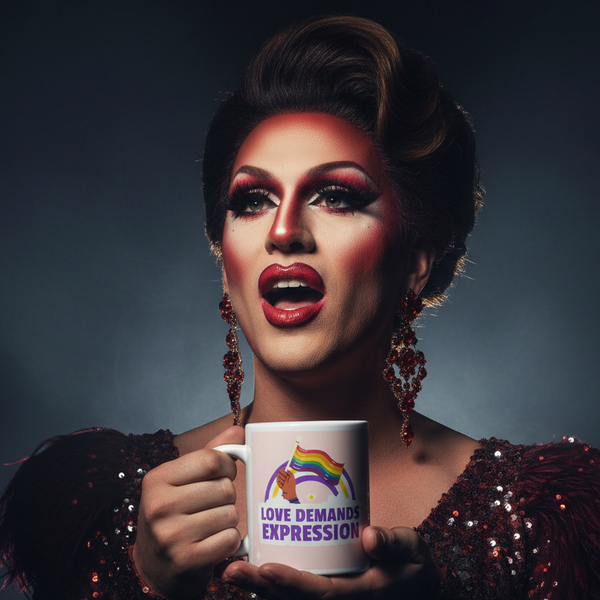Drag performer in bold makeup and sequined outfit holds the Love Demands Expression Mug, featuring a rainbow graphic and slogan, embodying queer pride and self-expression.