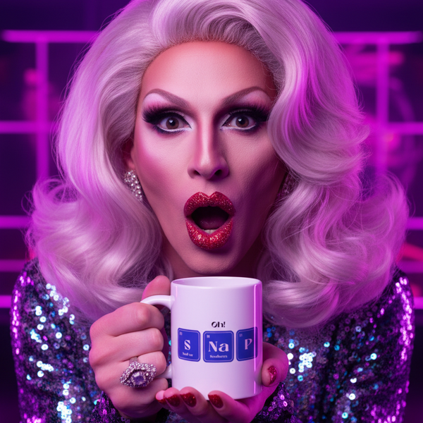 A drag performer holds the Oh! SNaP Mug styled like periodic-table tiles, exuding glam with a platinum-blonde wig, glittery makeup, and a sequined top, embodying vibrant queer pride and self-expression.