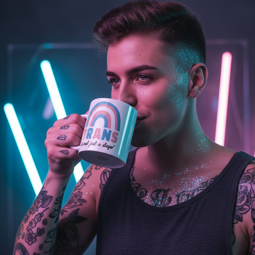 Young person with short hair sips from a Trans Is Not Just A Stage! mug featuring a rainbow graphic. Tattoos and glitter accentuate their skin, embodying Queer In The World's empowering, prideful spirit.