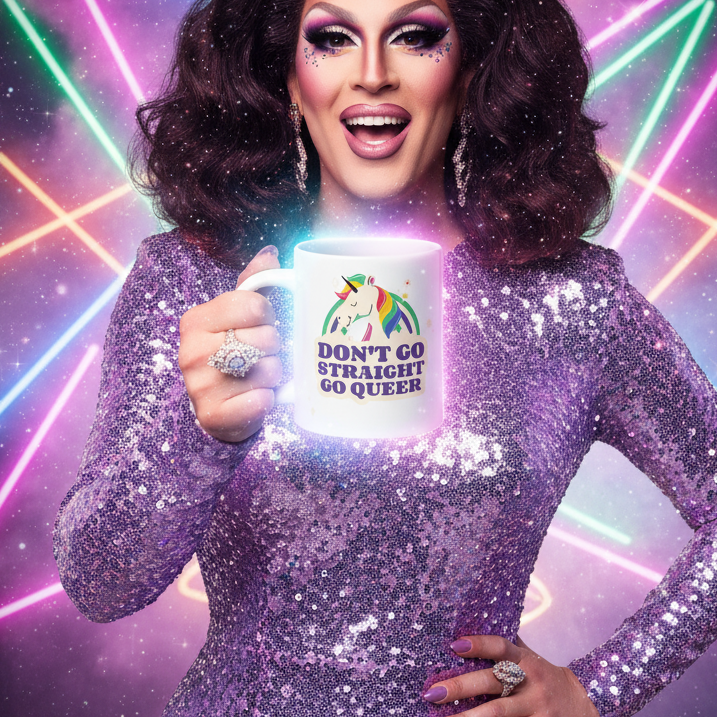 Drag performer in a purple sequin gown holds a unicorn mug reading “DON’T GO STRAIGHT GO QUEER.”