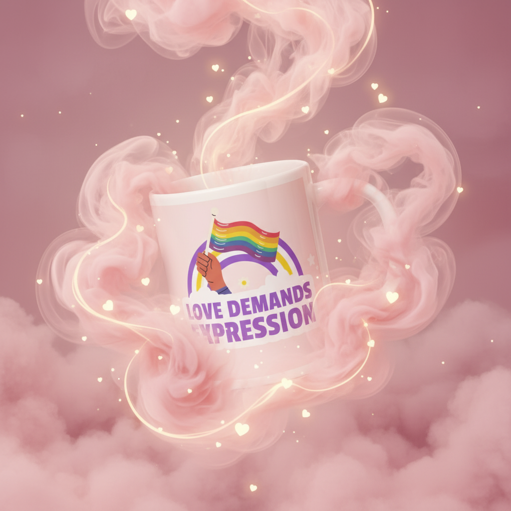 A pastel-pink scene with swirling clouds and glowing hearts centers around the Love Demands Expression Mug featuring a hand holding a rainbow pride flag, celebrating LGBTQ+ pride and self-expression.