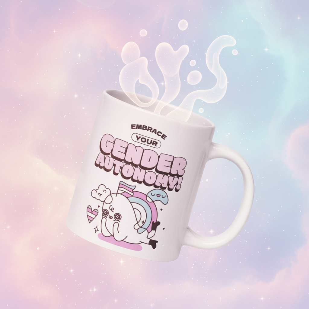 White ceramic mug with a cute blob character featuring rainbow and trans-flag accents, surrounded by hearts and sparkles. The bold slogan reads “EMBRACE YOUR GENDER AUTONOMY!” Steam curls above.