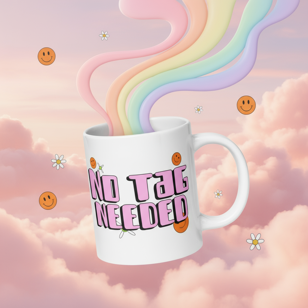 White ceramic No Tag Needed Mug with bubble-gum pink lettering, adorned with smiley-face stickers and daisies, emits a pastel rainbow stream, embodying queer pride and self-expression.