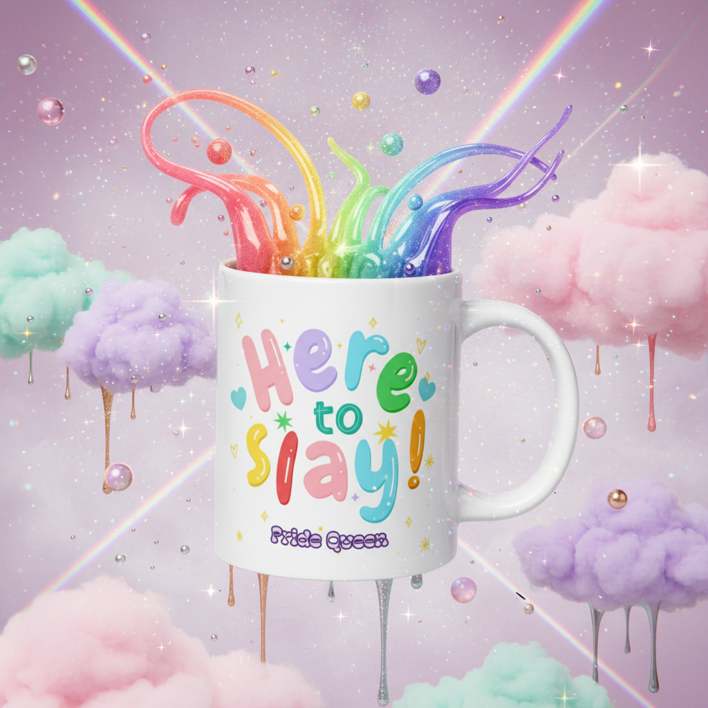 Whimsical 3D scene featuring the Here To Slay! Pride Queen Mug with playful lettering. Rainbow liquid arcs from the mug, surrounded by cotton-candy clouds and sparkles, celebrating queer pride and visibility.