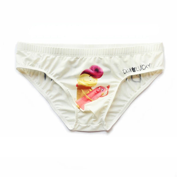 Front view of white men's briefs with an ice cream cartoon and D.M. LUCKY text