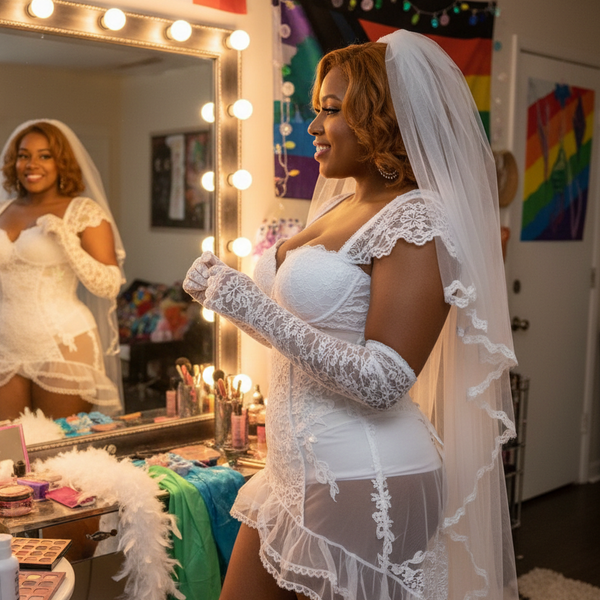 A person in a white lace bridal cosplay outfit smiles at their reflection in a lit vanity mirror, framed by rainbow flags