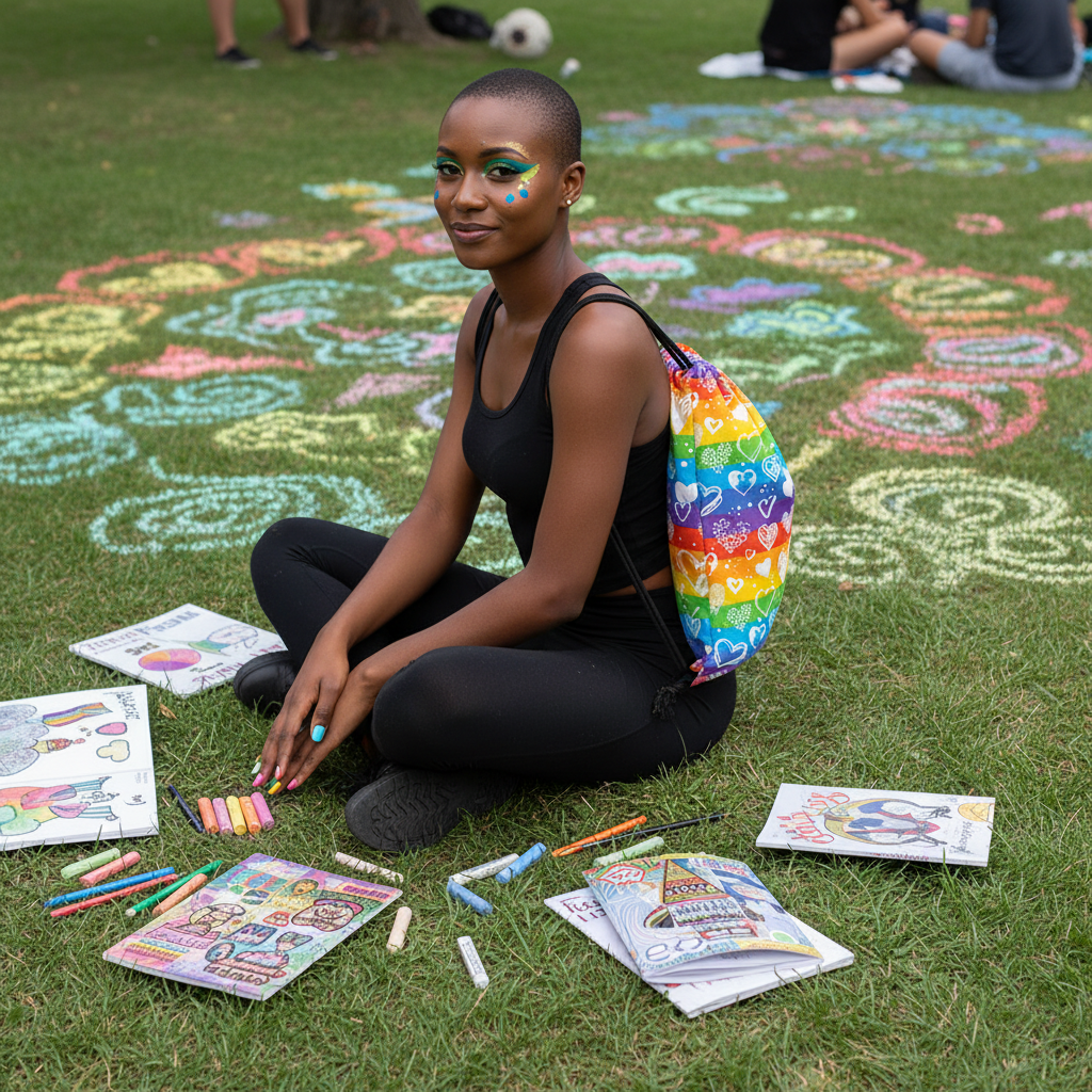 White Love Doodles Drawstring Bag on the back of a person with a shaved head, rocking face paint at a colorful outdoor event