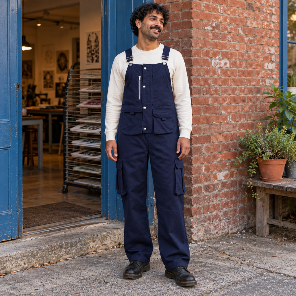 Blue Wide Jumpsuit Overalls with asymmetric bib pockets, silver snaps and vertical zip, worn outside a printmaking studio.