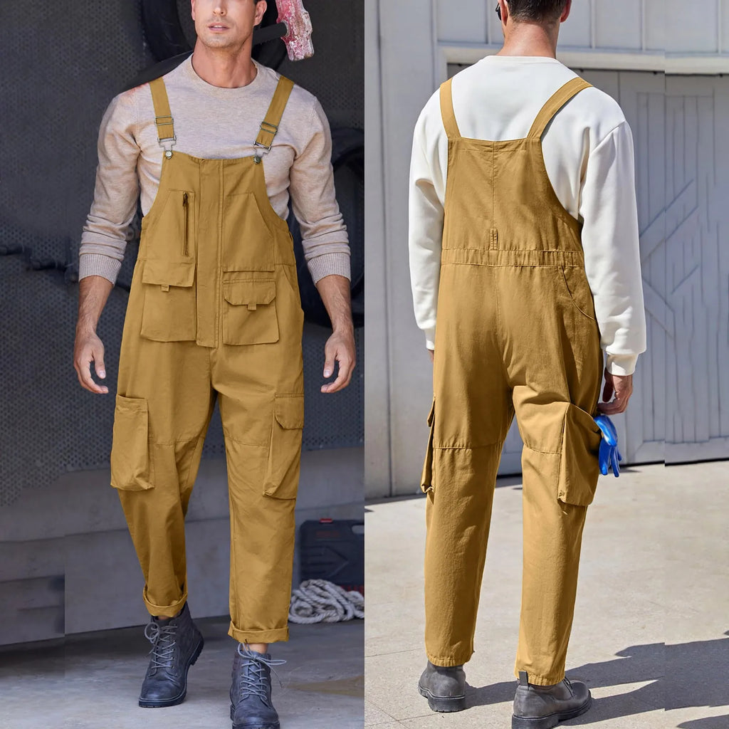 Front and back views of a model wearing mustard-brown utility overalls with multiple pockets