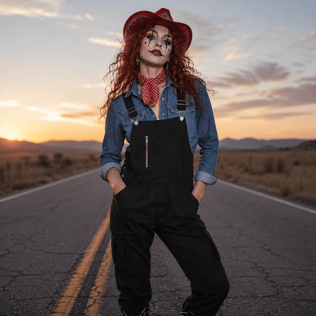Model in black wide-leg bib overalls on a desert road at sunset