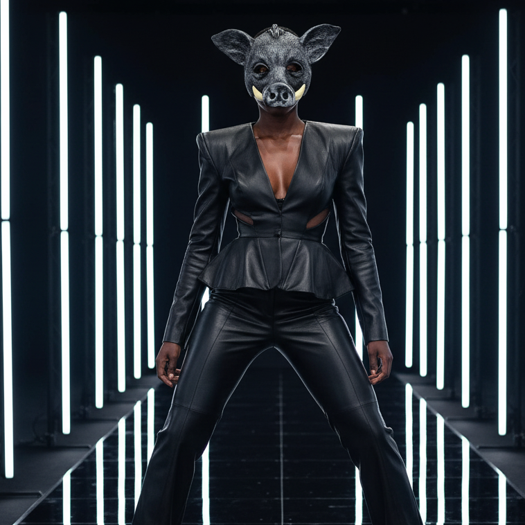 Front-facing model wearing a black pig mask, leather-look top, and pants