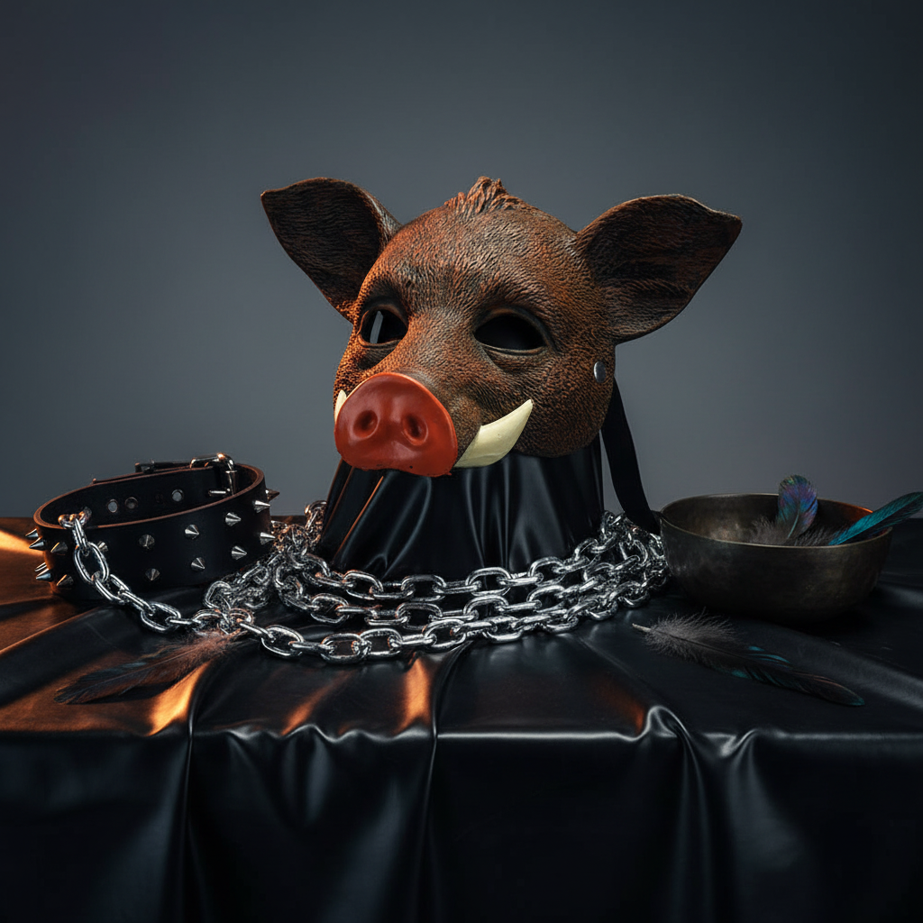 Front-facing brown pig fetish mask with tusks, beside a spiked collar and chains