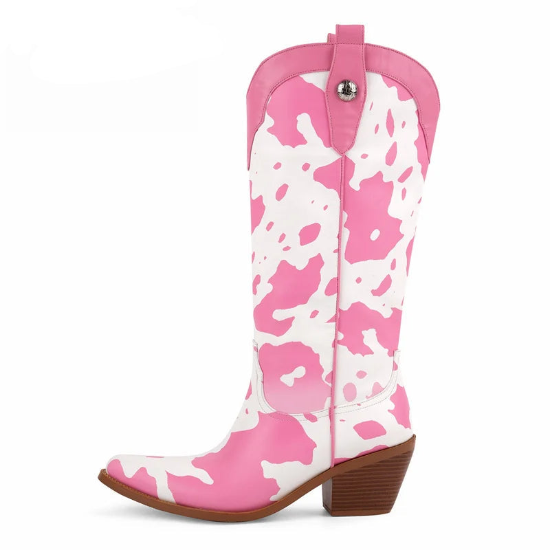 Single pink-and-white cow-print calf-length cowboy boot in side view